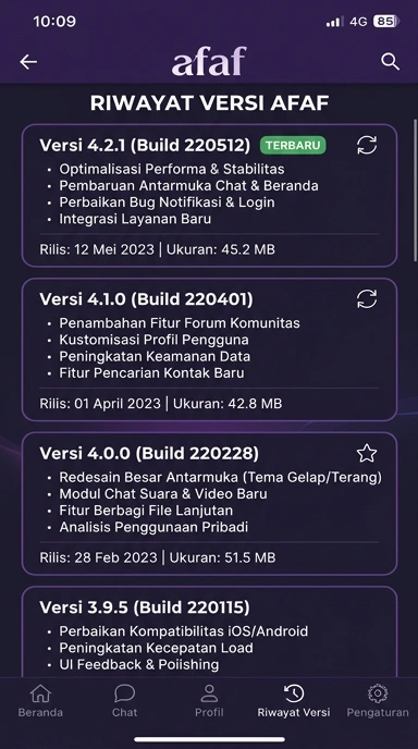 Riwayat versi afaf untuk pengguna Android Indonesia