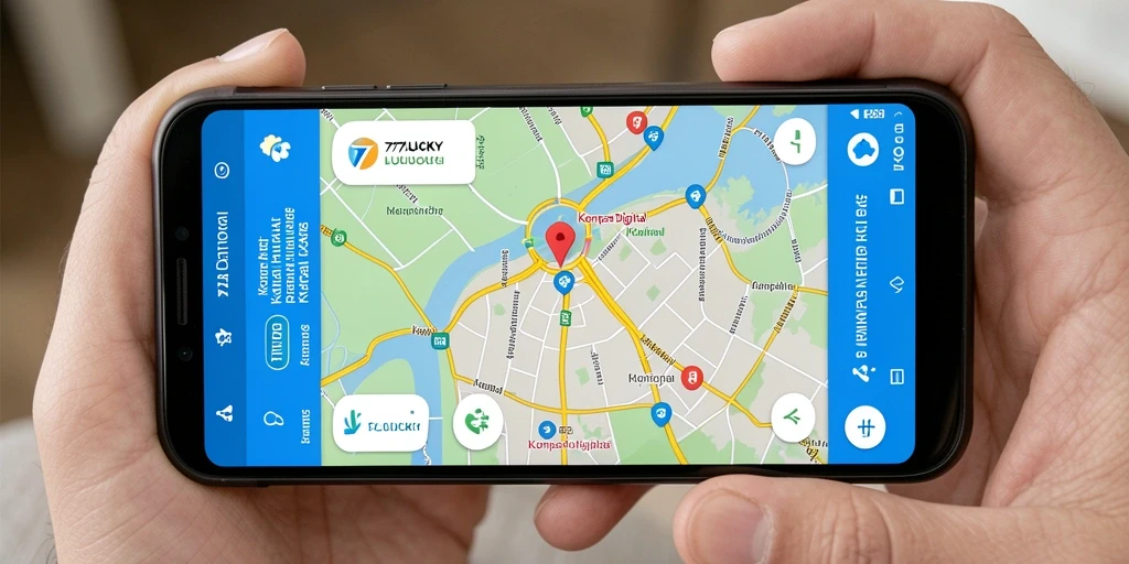 Antarmuka pengguna aplikasi Kompas Digital 777LUCKY dengan informasi arah.