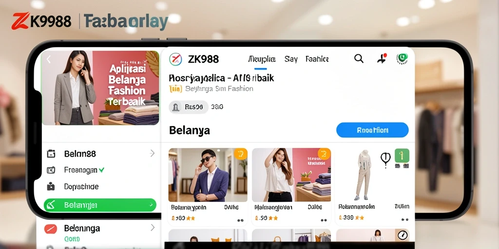 Tampilan antarmuka ZK988 dengan fitur pencarian dan produk fashion.